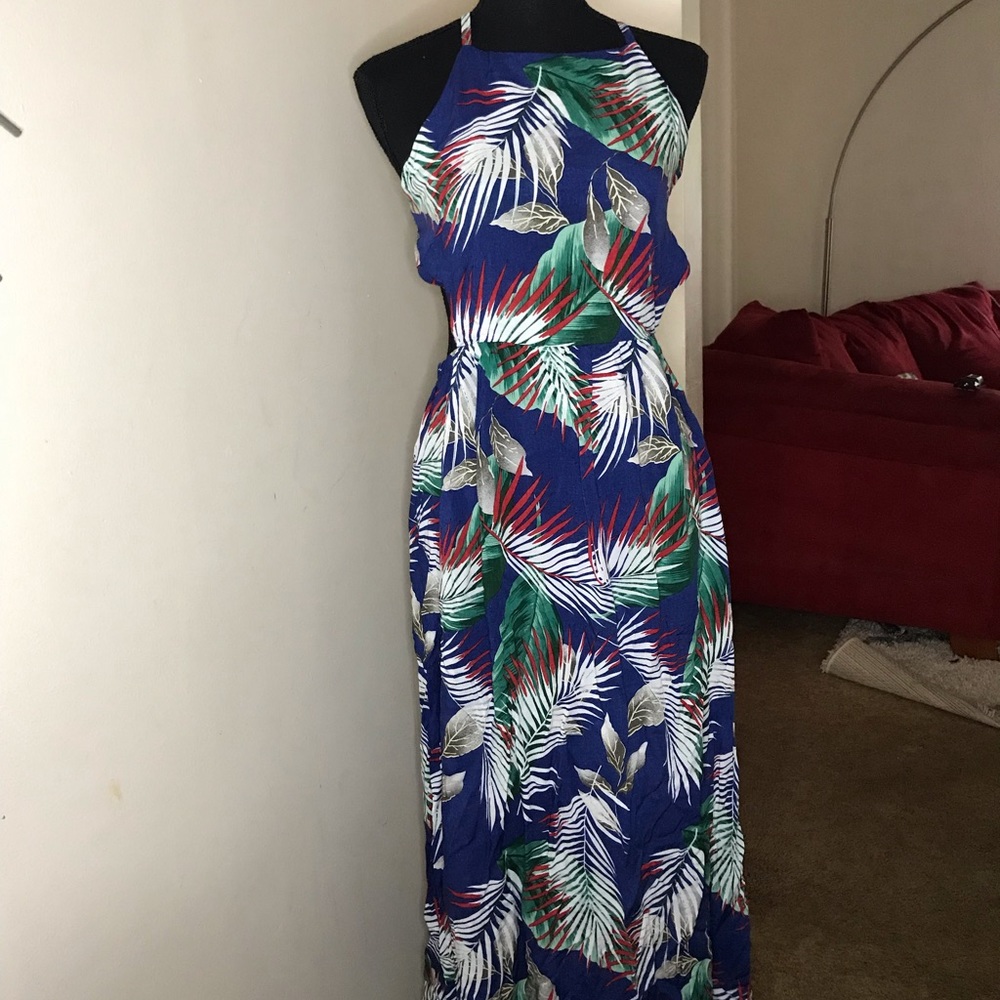 Tropical print maxi dress double split backless M